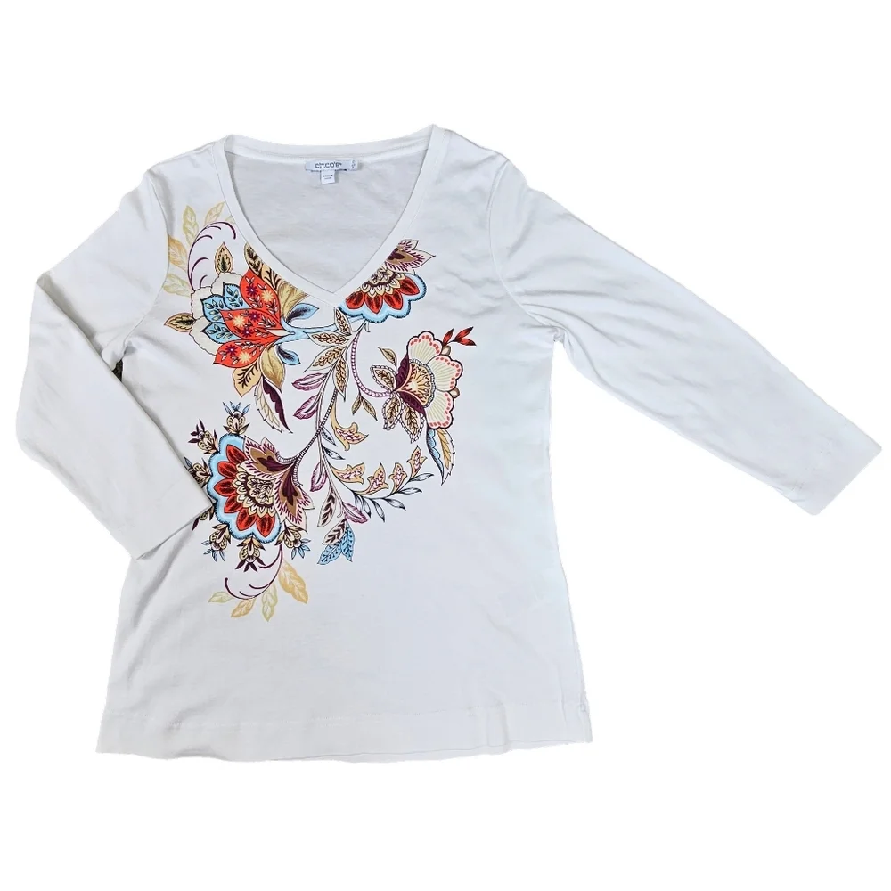 CHICO'S Floral Pima Cotton 3/4 Sleeve Soft, Lightweight Pullover Top Size S - Picture 4 of 11